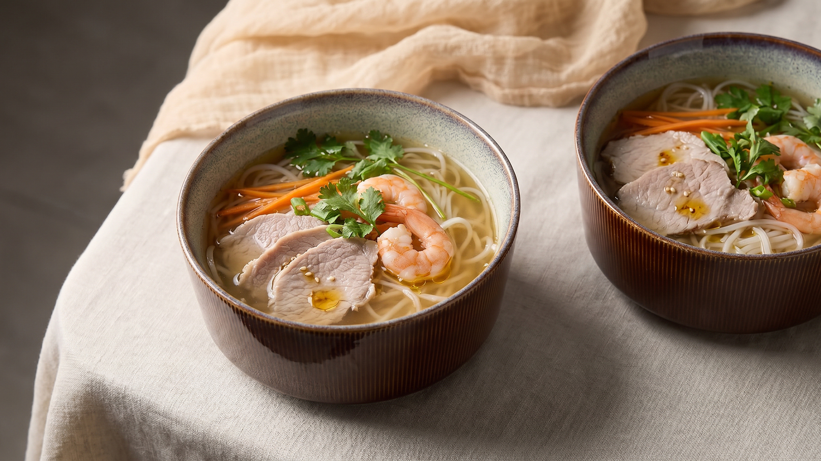 Zwei Schalen mit Nudel-Suppe stehen auf einem Tisch. Die Suppe enthält Rindfleischscheiben, Garnelen, Karottenstreifen und frisches Koriandergrün. Die Schalen sind braun und glänzend, umgeben von einem hellen Tuch.