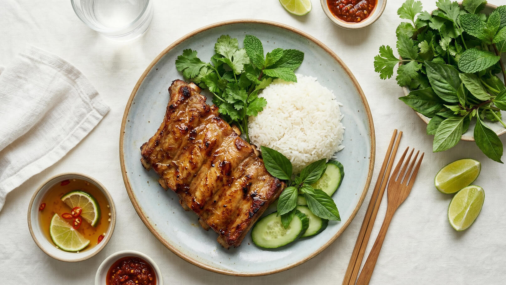 Auf dem Bild ist ein Teller mit gegrilltem Fleisch, weißem Reis und frischen Kräutern zu sehen. Daneben liegen Gurkenscheiben und Limettenspalten. Es gibt auch Schalen mit Soße und Chili. Alles ist auf einem hellen Tuch arrangiert.