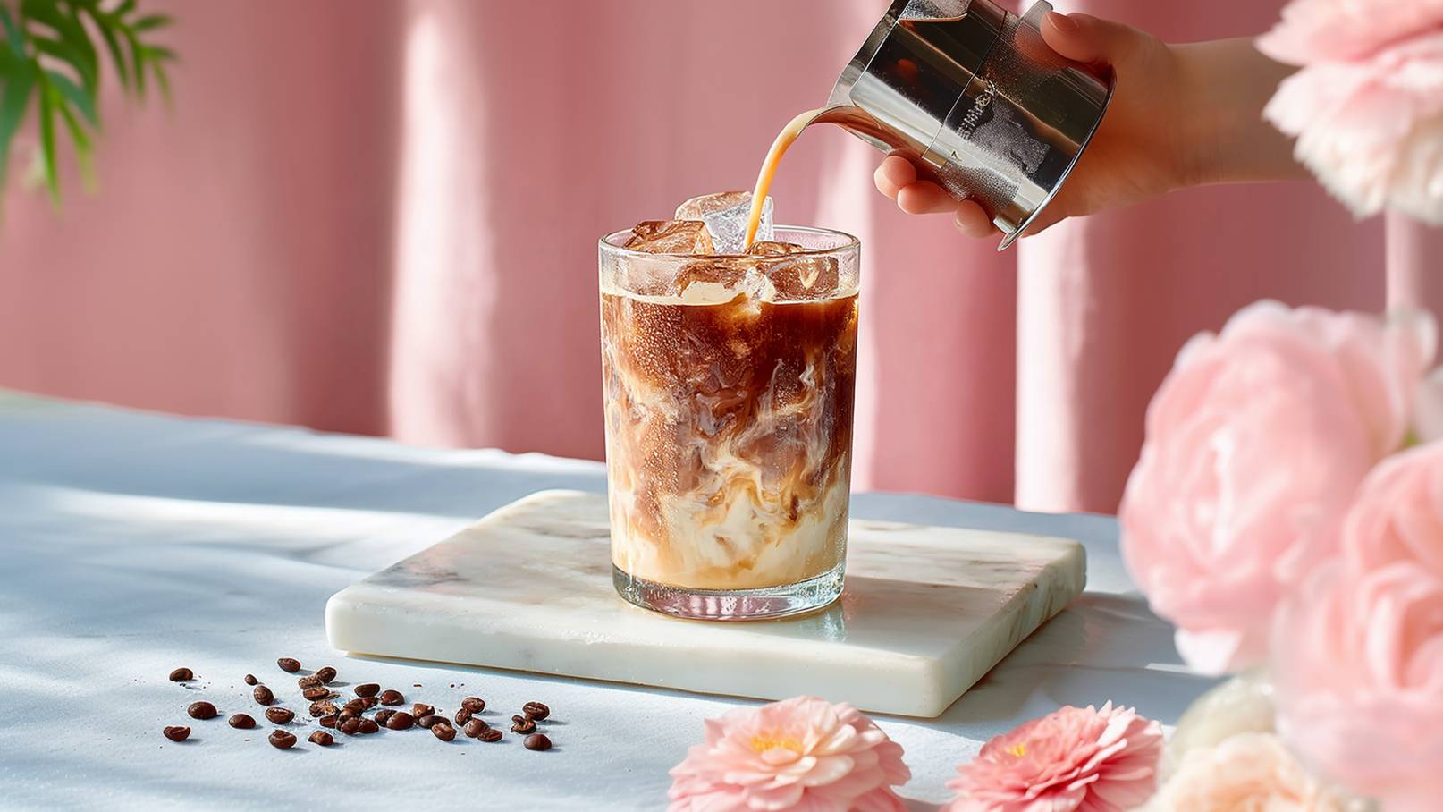 Ein Glas mit Eiswürfeln und einer gemischten Kaffeekomposition wird gerade mit einer weißen Flüssigkeit gefüllt. Der Hintergrund ist weich rosa und es gibt einige Kaffeebohnen und Blumen auf dem Tisch.