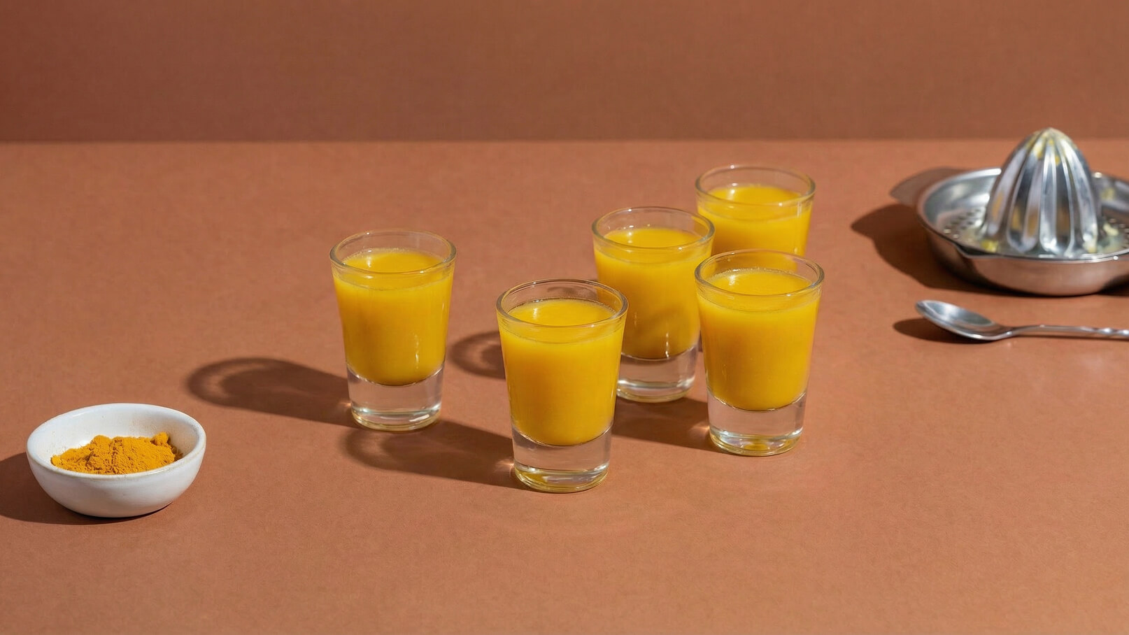 Fünf Gläser mit gelbem Getränk stehen auf einem braunen Untergrund. Neben ihnen befindet sich eine kleine Schale mit gelbem Kurkuma-Pulver. Im Hintergrund liegt eine Zitronenpresse und ein Löffel.