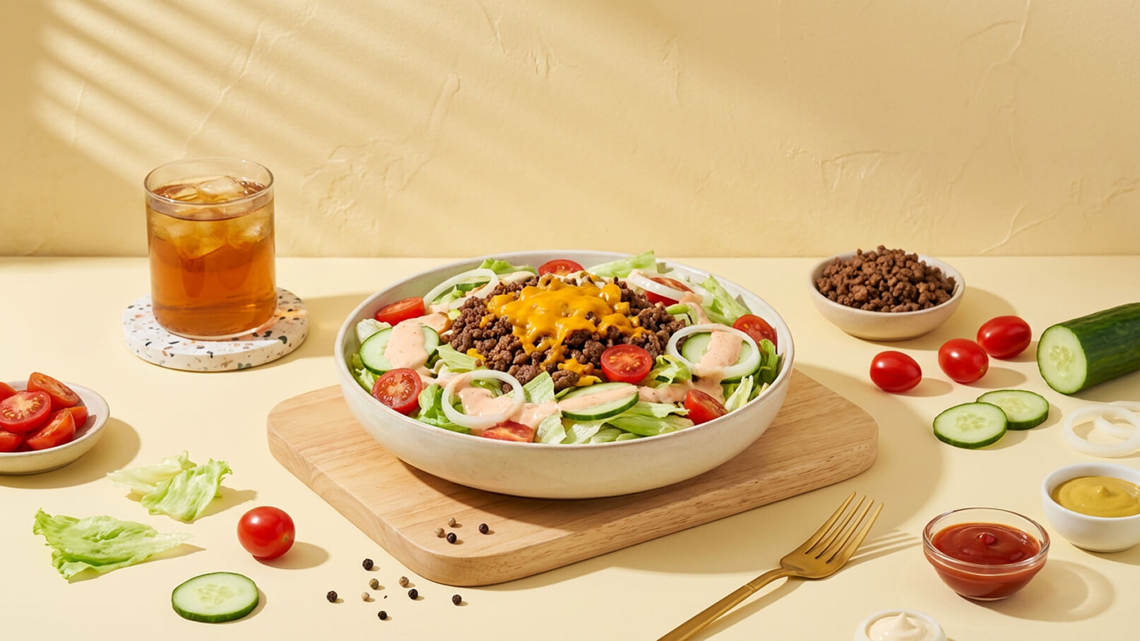 Eine große Schüssel Salat mit grünen Blättern, gehacktem Rindfleisch, Käse, Gurken, Tomaten und einer roten Soße. Um die Schüssel herum sind weitere Zutaten wie eine Schüssel gehacktes Fleisch, Kirschtomaten und Gurkenscheiben auf einem Holzbrett angeordnet. Daneben ein Glas Eistee.