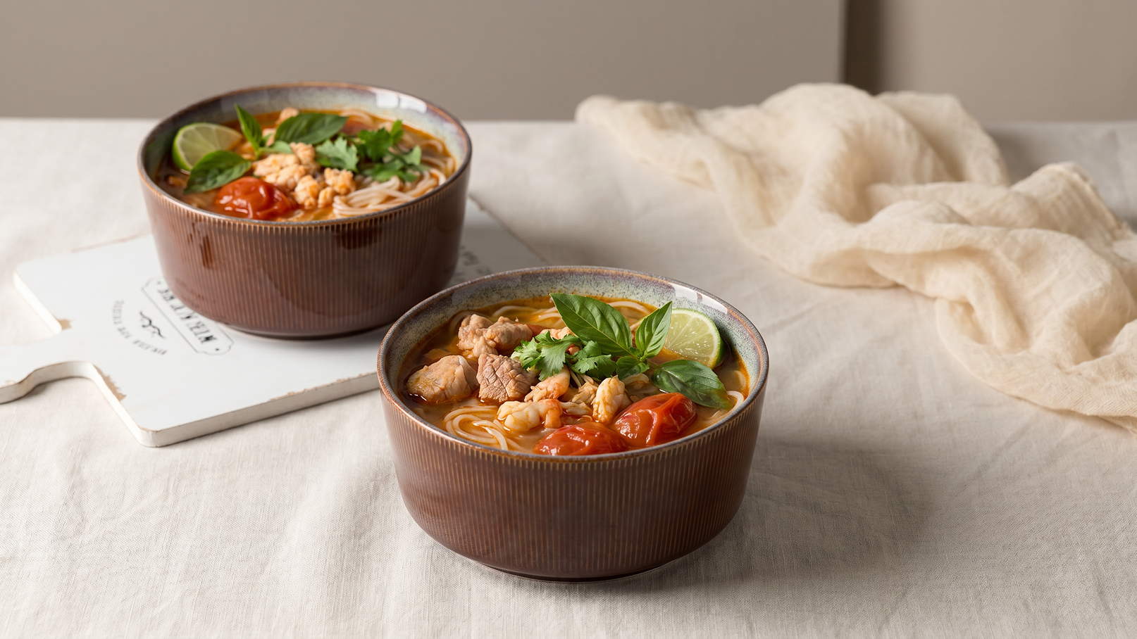 Zwei Schalen mit bunter Suppe stehen auf einem hellen Tisch. Die Suppe enthält Nudeln, Stücke von Fleisch, Cherry-Tomaten und frische Kräuter wie Basilikum und Limettenblätter. Im Hintergrund liegt ein heller Stoff.