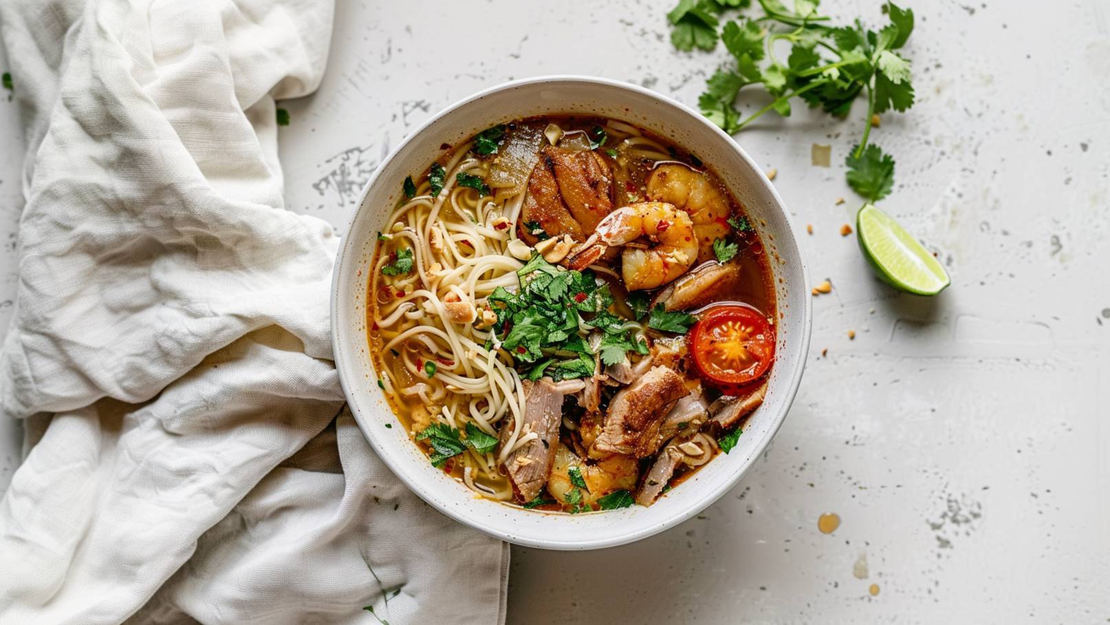 Eine Schüssel mit farbenfrohem Nudelgericht, angereichert mit Garnelen, Stückchen von Fleisch und frischen Kräutern. Runde Tomatenscheiben und ein Spritzer Limette ergänzen das Gericht. Die Nudelsoße scheint würzig und aromatisch zu sein.