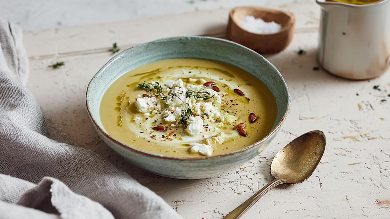 Eine Schüssel mit cremiger Suppe, garniert mit frischem Käse, Kräutern und roten Kernen. Die Suppe hat eine goldene Farbe und ist von einem hellen Rand umgeben. Neben der Schüssel liegt ein Löffel und ein graues Tuch ist im Vordergrund sichtbar.
