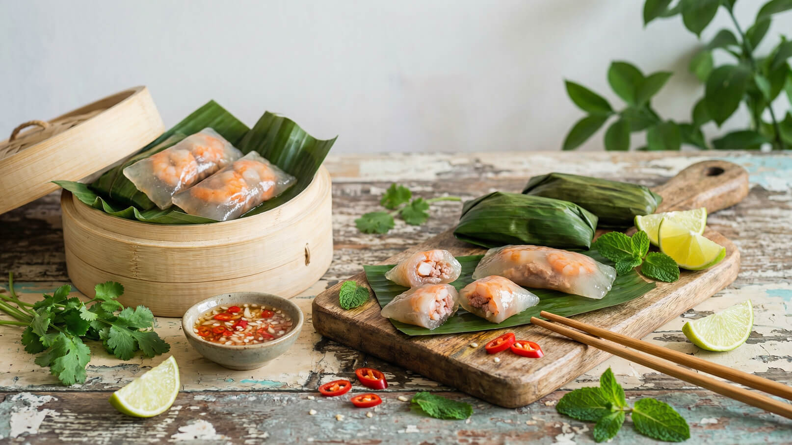 Ein Holzbrett mit frischen, gefüllten Reispapierrollen liegt auf einem Tisch. Daneben befinden sich eine Schüssel mit Soße und eine Limette. Im Hintergrund steht ein Dampfgarer mit weiteren Reispapierrollen. Grüne Blätter und Kräuter ergänzen die Szene.