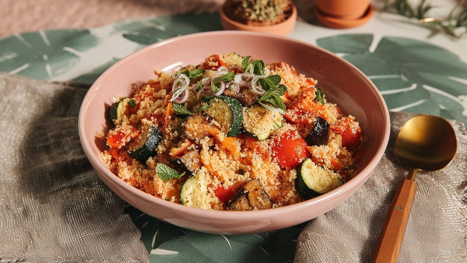 Eine Schüssel mit buntem Couscous-Salat, garniert mit frischen Kräutern und Gemüse wie Zucchini, Tomaten und karamellisierten Zwiebeln. Der Salat hat eine lockere Konsistenz und wird auf einem farbigen Tisch präsentiert, daneben liegt ein Löffel mit Holzgriff.