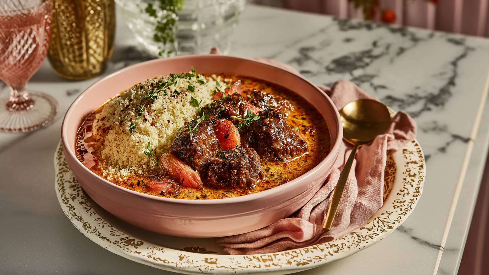 Ein tiefes rosa Schüssel enthält herzhaftes Fleisch in einer würzigen Sauce, umgeben von zartem Couscous und Tomatenstücken. Frische Kräuter garnieren das Gericht. Daneben liegt ein goldener Löffel auf einem sorgfältig gestalteten Teller und einem rosa Servietten.