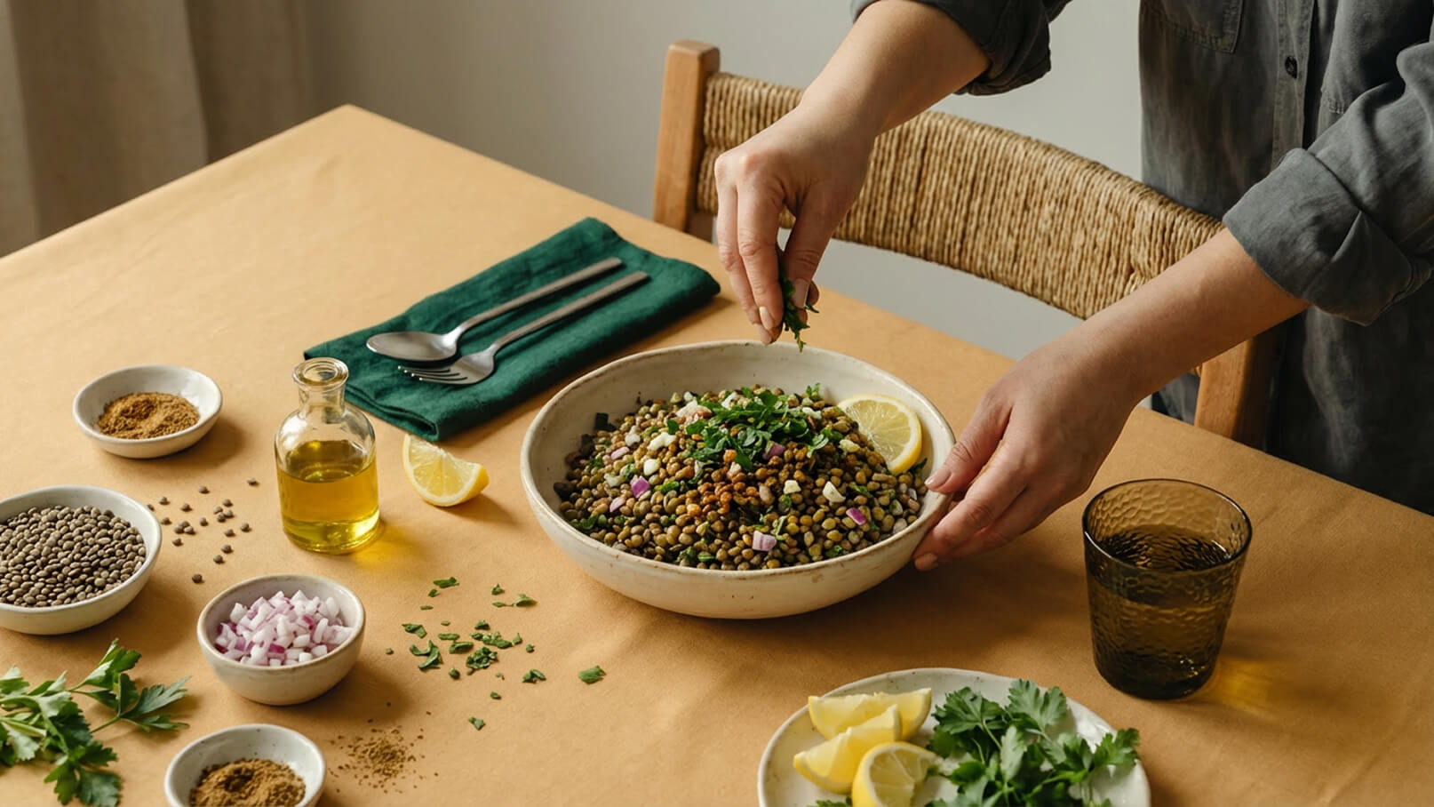 Eine Person garniert einen Teller mit einem bunten Linsensalat. Im Hintergrund befinden sich frische Kräuter, Zwiebeln, Olivenöl und Zitronenscheiben auf einem Tisch mit einem gelben Tischtuch. Ein Getränk in einem Glas steht ebenfalls daneben.