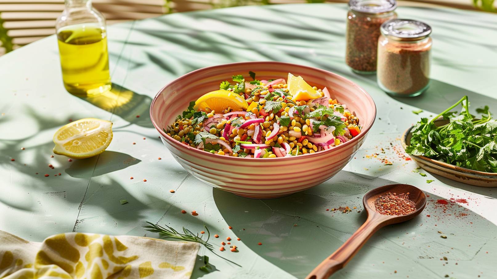 Eine Schüssel mit buntem Salat aus Linsen, frischen Kräutern und Zitronenscheiben steht auf einem Tisch. Neben der Schüssel liegen ein Holzlöffel mit Gewürzen und ein kleiner Teller mit frischem Koriander. Im Hintergrund ist eine Flasche Olivenöl sichtbar.