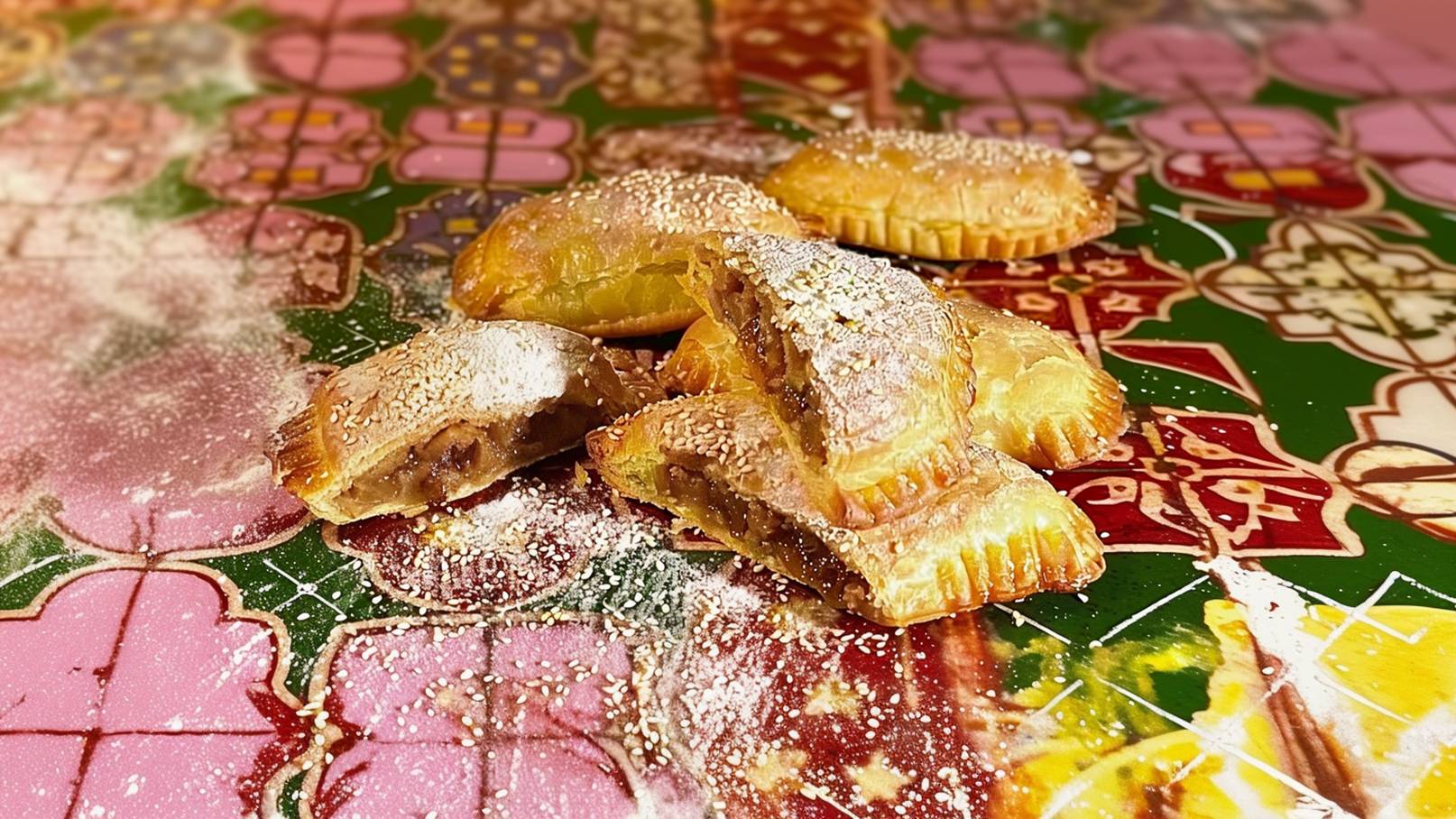 Auf einem bunten Tisch liegen mehrere gefüllte Teigtaschen mit pudriger Zuckerbestreuung. Einige Teigtaschen sind aufgebrochen und zeigen die süße Füllung. Der Hintergrund ist mit floralen Mustern in verschiedenen Farben gestaltete.