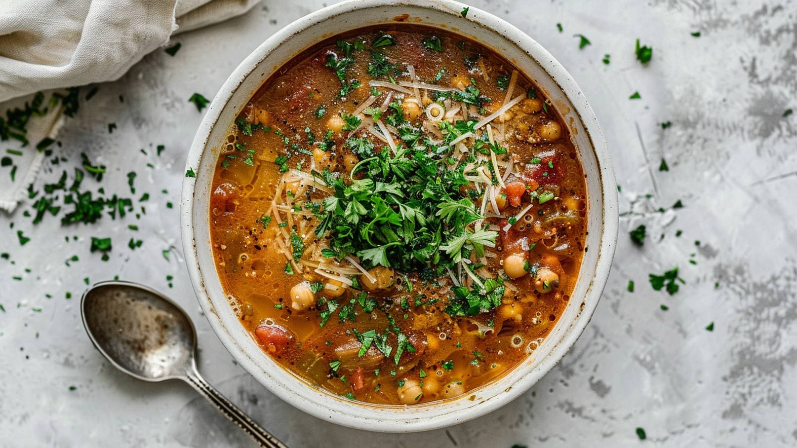 Eine Schüssel mit einer herzhaften Suppe, die mit frischen Kräutern und geriebenem Käse garniert ist. Die Suppe enthält eine Vielzahl von Zutaten, darunter Gemüse und Hülsenfrüchte, und hat eine einladende, warme Farbe. Ein Silberlöffel liegt neben der Schüssel.