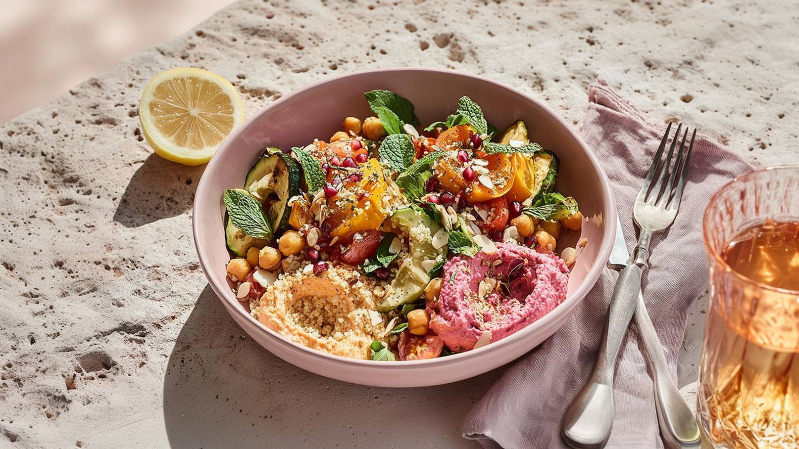 Eine pinke Schüssel mit einem bunten Salat aus Kichererbsen, gegrilltem Gemüse, frischen Minzblättern und Granatapfelkernen. Der Salat ist mit Couscous und verschiedenen Saucen, darunter ein rosa Hummus, garniert. Neben der Schüssel liegt ein Stück Zitrone und ein Glas mit einem hellen Getränk.