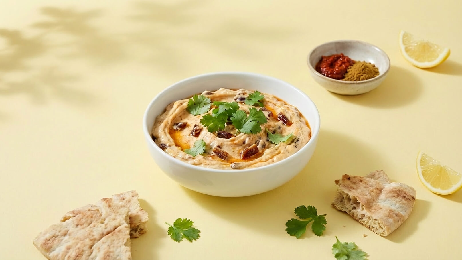 Eine weiße Schüssel mit cremigem Hummus, garniert mit frischem Koriander und einigen gewürzten Samen, steht auf einem gelben Hintergrund. Neben der Schüssel liegen Stücke von Fladenbrot, eine halbe Zitrone und kleine Schalen mit Gewürzen und einer roten Paste.