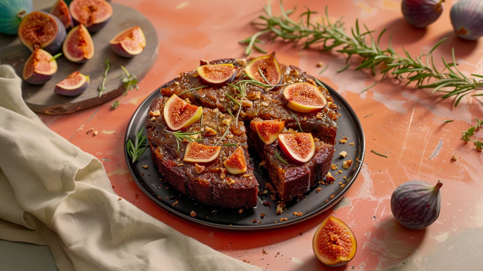 Ein köstlicher Kuchen auf einem schwarzen Teller, dekoriert mit frischen Feigen und gehackten Nüssen. Ein Stück des Kuchens wurde herausgenommen. Im Hintergrund liegen halbierte Feigen und frische Kräuter auf einem hellen Tisch.
