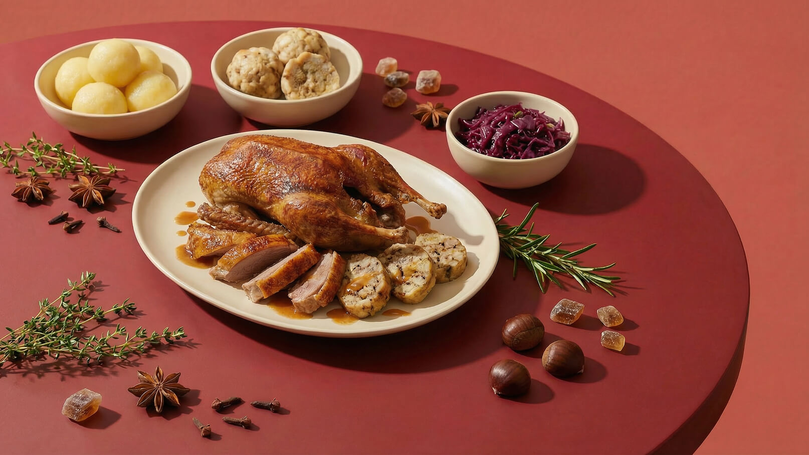 Auf einem runden Tisch liegt ein Teller mit einer gebratenen Ente, umgeben von Beilagen wie Klößen, Rotkohl und Kartoffeln. Weitere dekorative Zutaten wie frische Kräuter und Gewürze sind auf dem Tisch verteilt. Der Hintergrund ist rot.