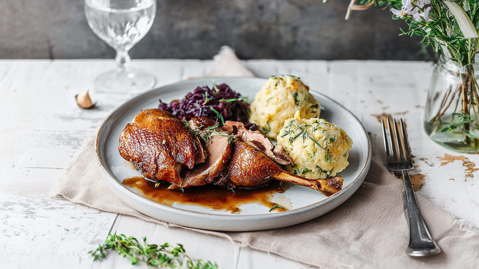 Ein Teller mit knusprig gebratenem Entenbrust, serviert mit rot eingelegtem Kohl und zwei großen Kartoffelklößen, die mit Kräutern garniert sind. Der Teller steht auf einem hellen Tisch, mit einem Glas im Hintergrund.