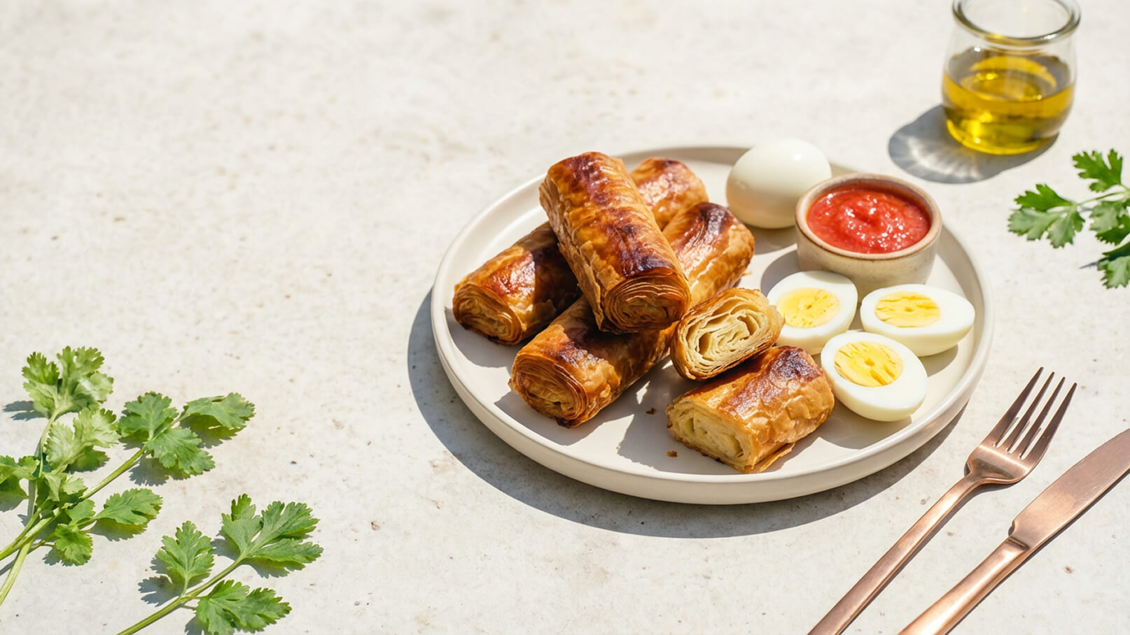 Ein Teller mit goldbraun gefärbten Teigrollen, die gefüllt und knusprig sind. Neben den Teigrollen liegen hartgekochte Eier und eine kleine Schüssel mit roter Soße. Einige frische Korianderzweige sind ebenfalls zu sehen.