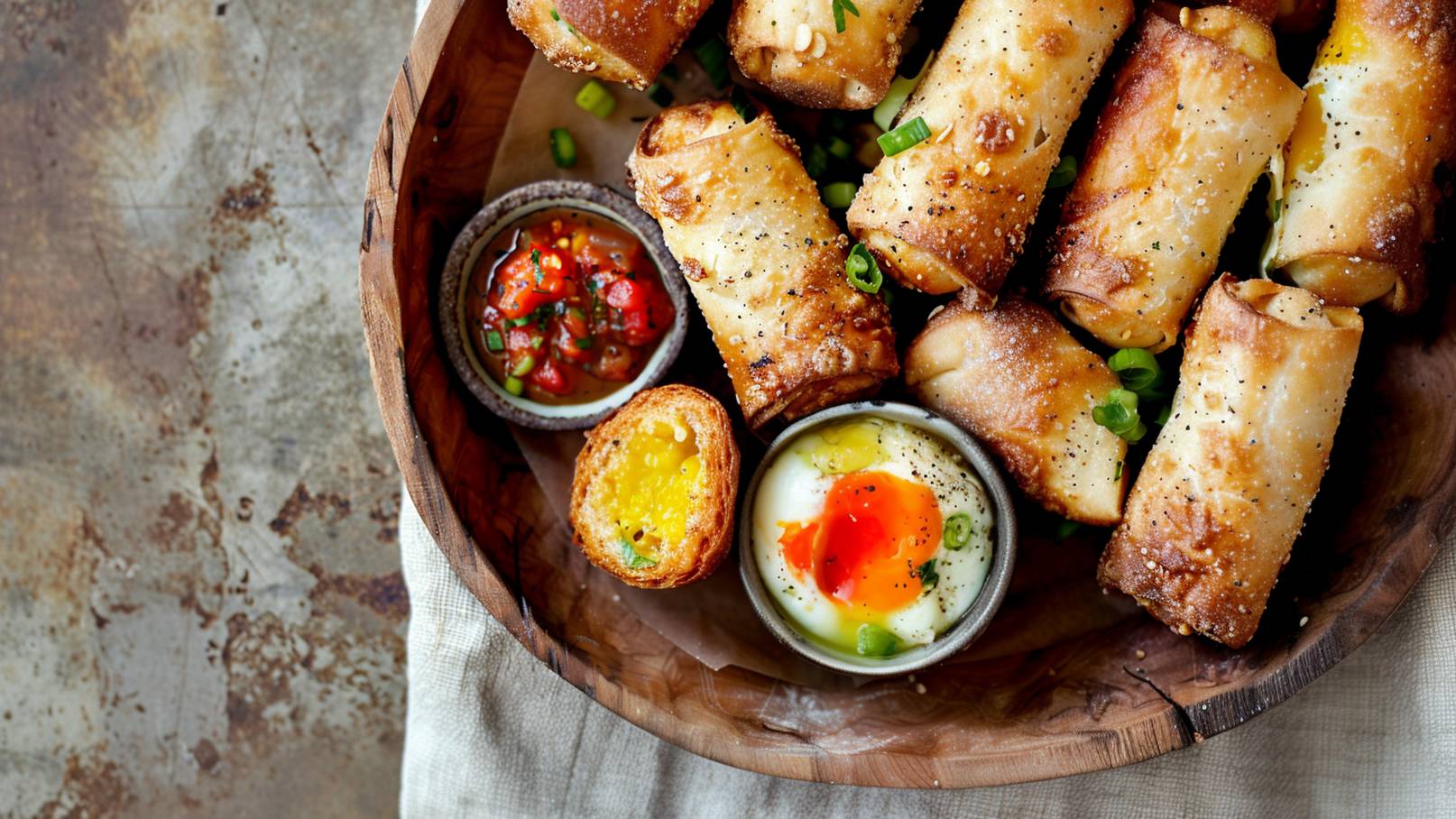 Eine Holzschale mit knusprigen, goldbraunen Frühlingsrollen, die mit frischem Schnittlauch bestreut sind. Neben den Rollen befinden sich zwei kleine Schalen: eine mit einer bunten Tomatensalsa und die andere mit einem weich gekochten Ei mit aufgeplatztem Eigelb.