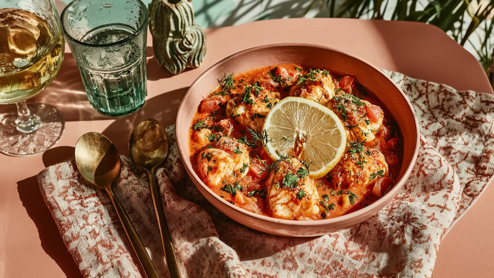 Eine Schüssel mit einem reichhaltigen Gericht, das in einer würzigen Sauce serviert wird. Das Essen ist mit frischen Kräutern garniert und hat eine Zitronenscheibe in der Mitte. Um die Schüssel liegen Besteck und ein dekoratives Tuch.