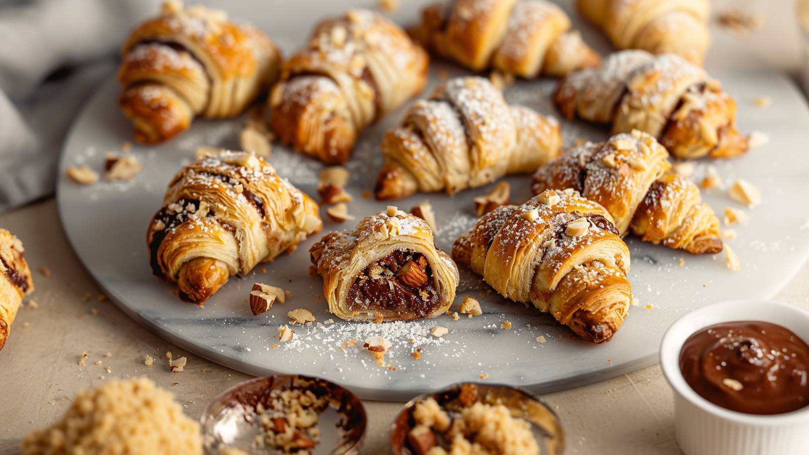 Auf einem runden Marmorteller liegen mehrere frisch gebackene Croissants. Die Gebäckstücke sind mit Puderzucker bestreut und enthalten eine Füllung aus Schokolade und Nüssen. Um den Teller verstreut sind einige gehackte Nüsse, die den rustikalen Charme der Präsentation unterstreichen.