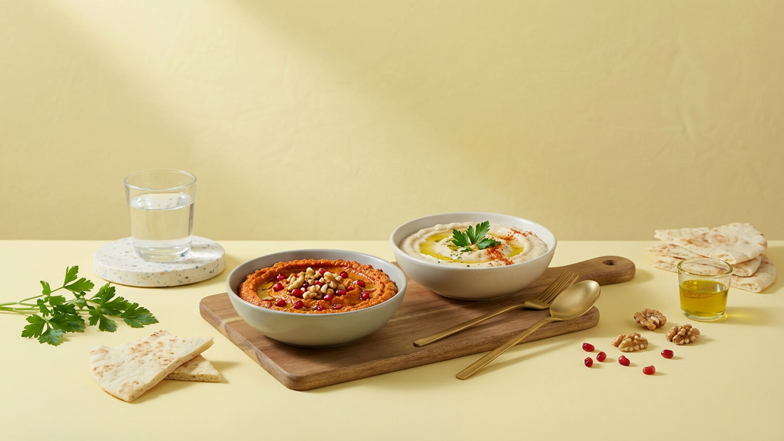 Zwei Schalen mit Dips stehen auf einem Holzbrett. Links ein würziger Dip mit Nüssen und Granatapfelkernen, rechts ein cremiger Dip mit Olivenöl und Petersilie. Dazu Brotstücke, eine Wasserglas und eine kleine Schüssel mit Öl. Der Hintergrund ist in sanftem Gelb gehalten.