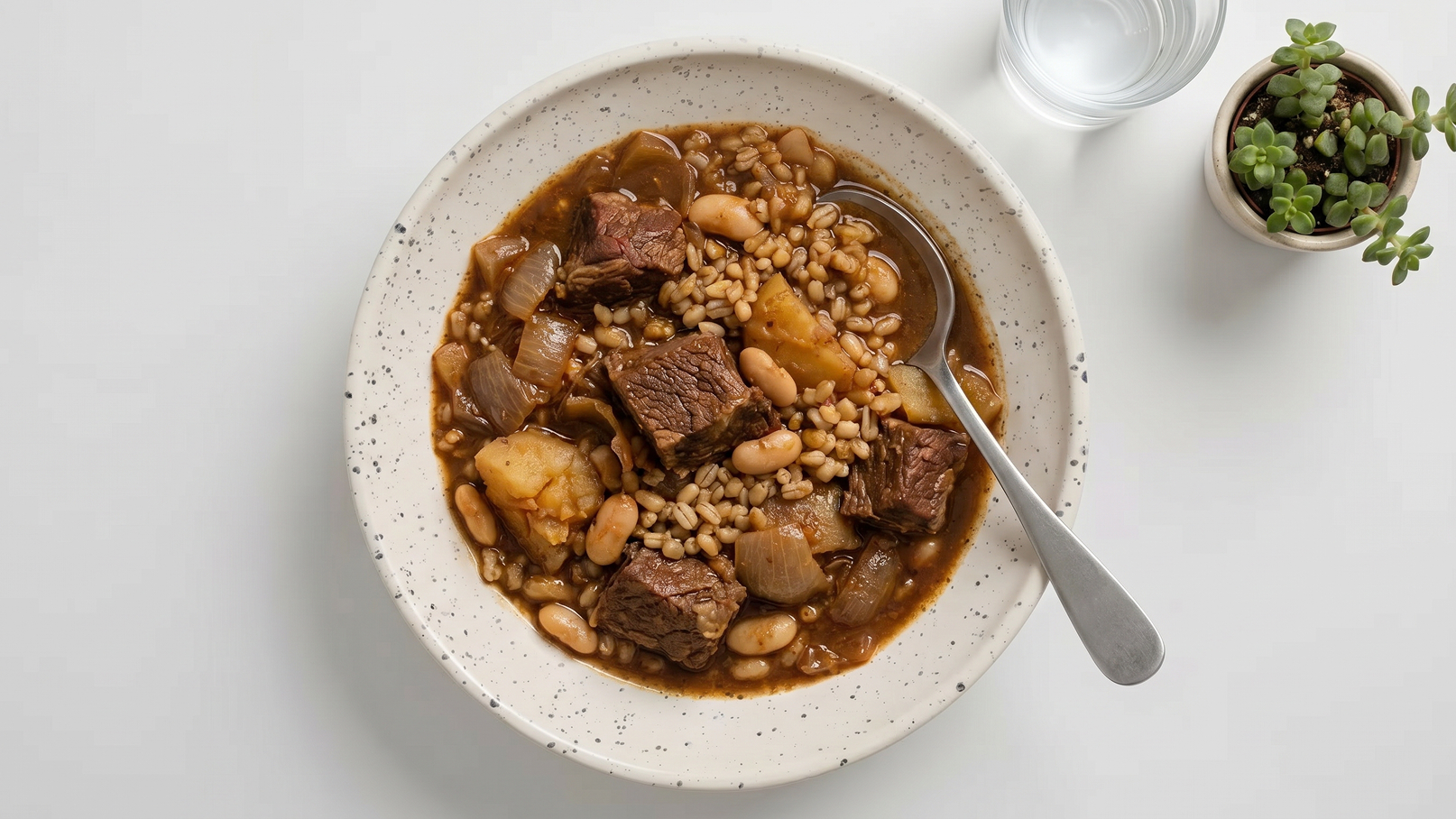 Eine tiefe Schüssel mit Eintopf, die Rindfleischstücke, Kartoffeln, Zwiebeln und weiße Bohnen enthält. Die Mischung ist in einer dunklen, sämigen Sauce und wird mit einem Löffel serviert. Neben der Schüssel steht ein Glas Wasser und ein kleiner Topf mit einer Pflanze.