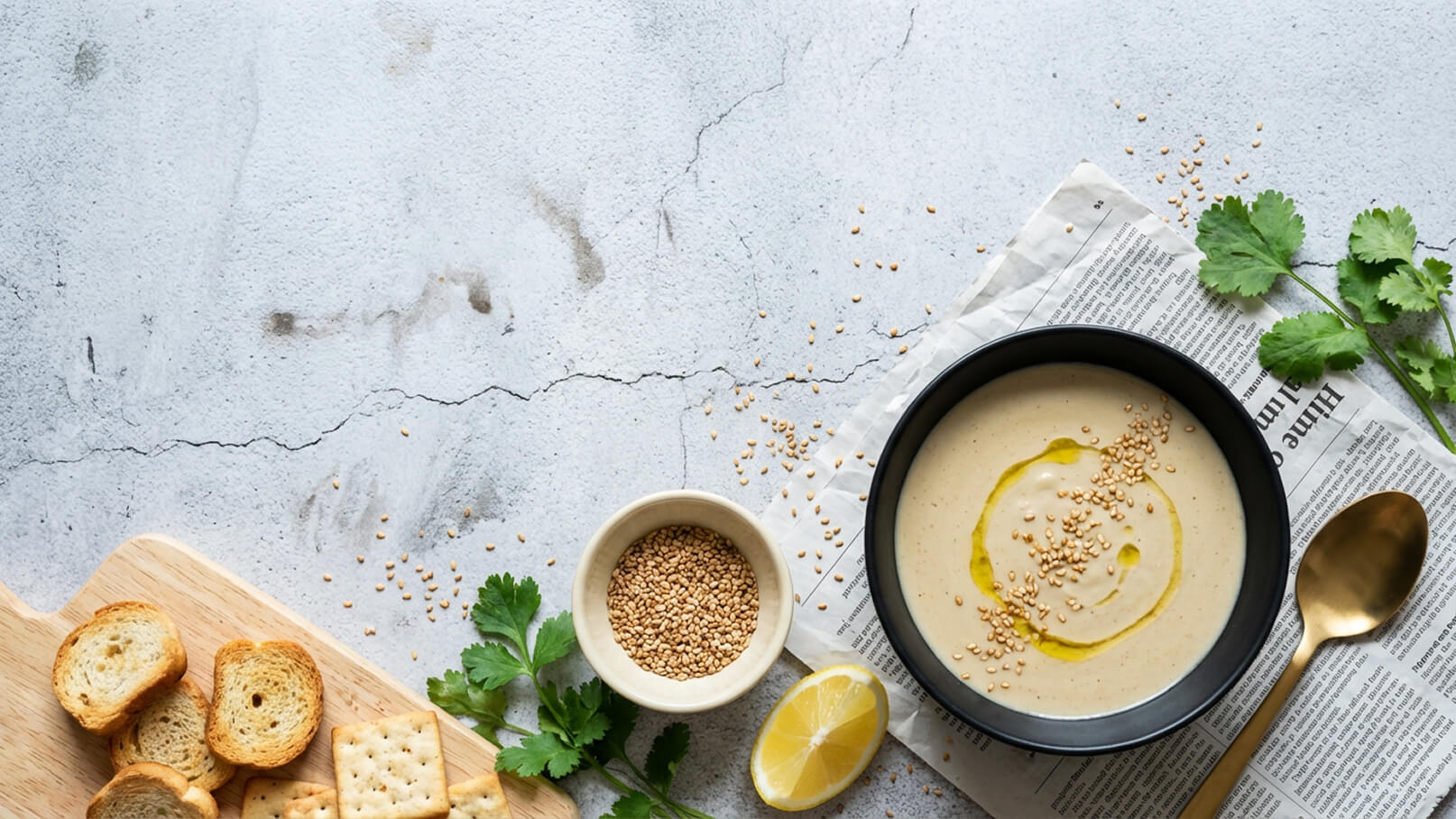 Ein schwarzer Schüssel mit cremiger Suppe, garniert mit Sesam und einem Schuss Olivenöl. Neben der Schüssel stehen eine kleine Schale mit Sesamsamen, ein Zitronenstück, Korianderblätter und verschiedene knusprige Brotsorten auf einem Holzbrett. Der Hintergrund ist hell und strukturiert.