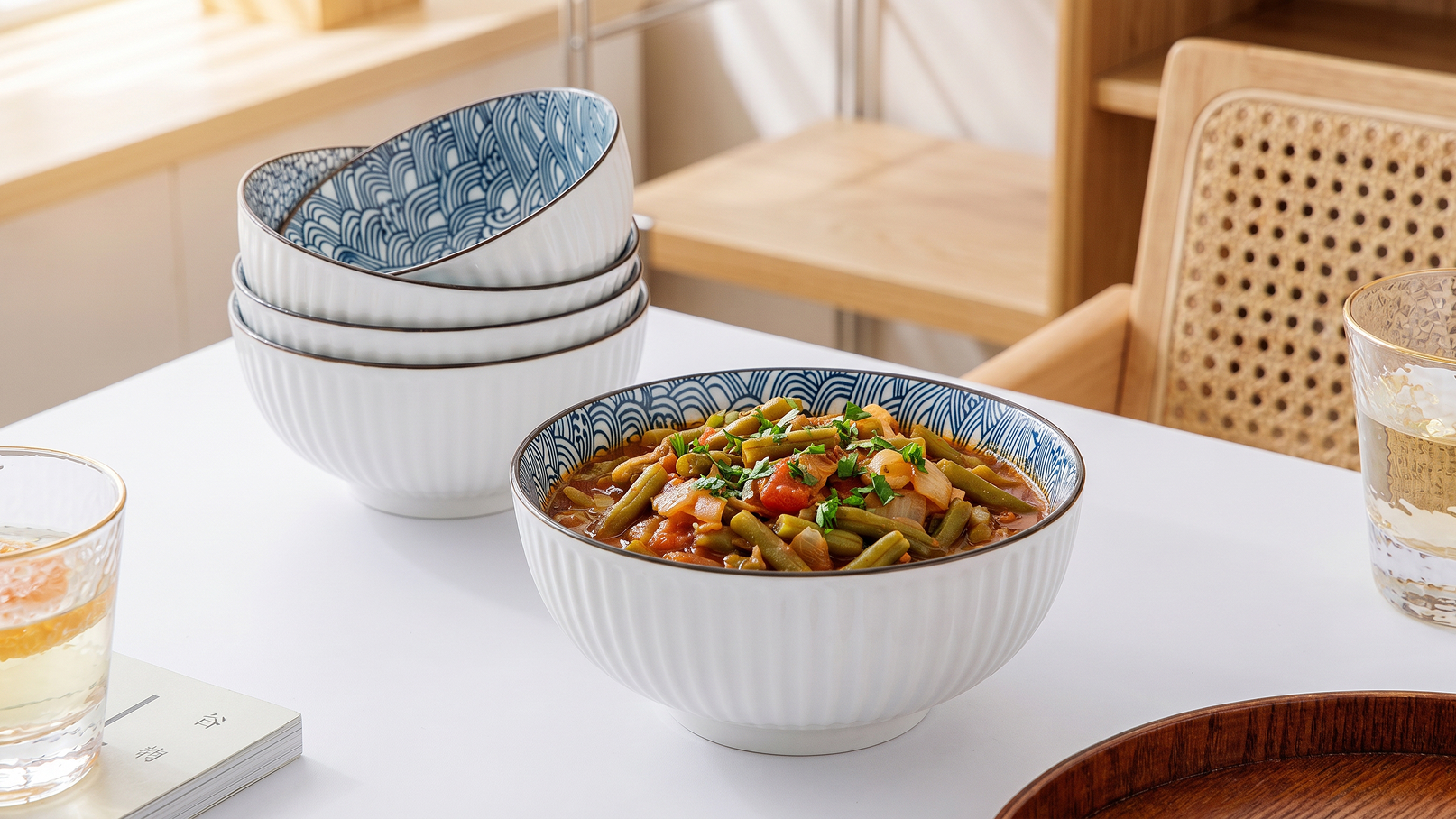 Eine bunte Gemüsesuppe ist in einer großen, dekorativen Schüssel serviert. Im Hintergrund stehen mehrere weiße Schalen mit einem blauen Muster gestapelt. Der Tisch ist schlicht und modern dekoriert.