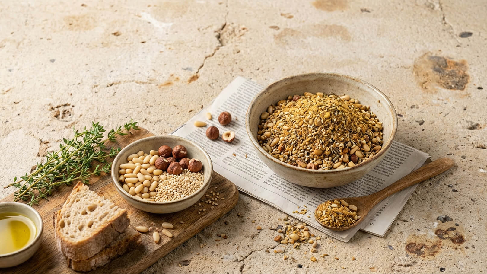 Eine Schüssel mit einer Mischung aus verschiedenen Samen und Nüssen, darunter Sesam, Haselnüsse und Pinienkerne, steht auf einem Tisch. Neben der Schüssel liegen frisches Brot, ein kleines Gefäß mit Öl und frische Thymianzweige. Der Hintergrund ist neutral und natürlich gehalten.