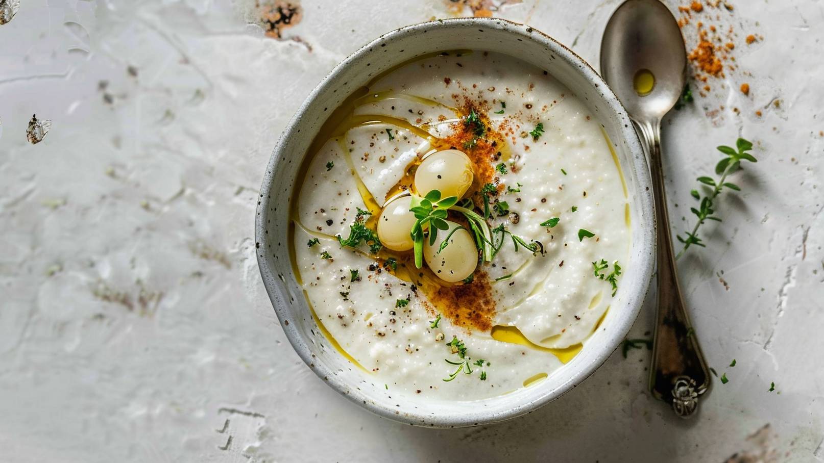 Eine Schüssel mit cremiger, weißer Suppe, garniert mit drei kleinen, runden Zutaten und frischen Kräutern. Ein Spritzer Olivenöl ist sichtbar und die Suppe ist mit schwarzem Pfeffer und Paprika gewürzt. Ein Silberlöffel liegt neben der Schüssel.