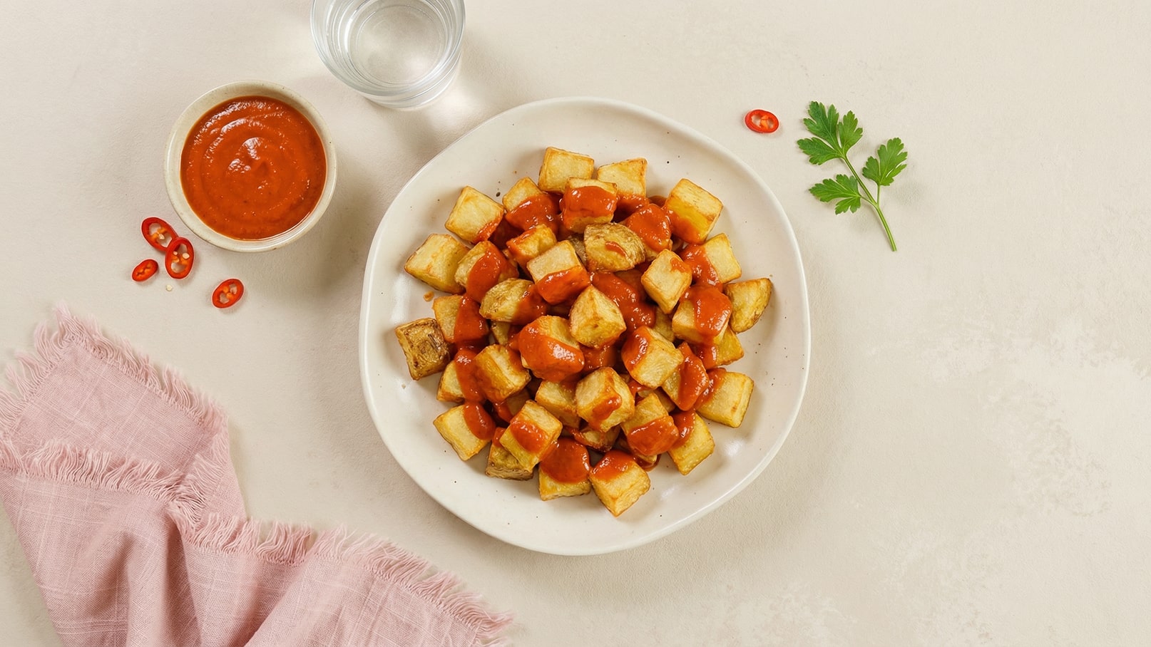 Ein Teller mit knusprig gebratenen Kartoffelwürfeln, überzogen mit einer roten Soße. Neben dem Teller befindet sich eine kleine Schüssel mit weiterer roter Soße und einige Scheiben roter Chili. Das Gesamtbild vermittelt ein appetitliches und einladendes Gericht.
