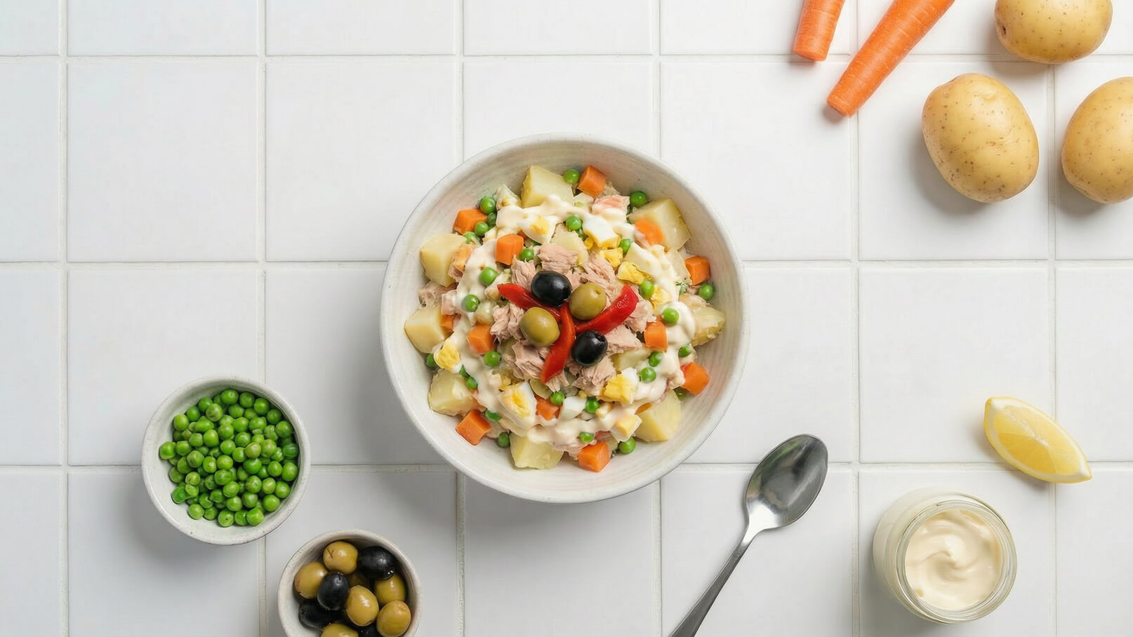 Eine Schüssel mit einem bunten Salat aus Kartoffeln, Thunfisch, Erbsen, Karotten und einer Sahnesauce, garniert mit Oliven und Paprika. Neben der Schüssel sind frische Karotten, kleine Kartoffeln, ein Glas Mayonnaise und ein Zitronenschnitz zu sehen.