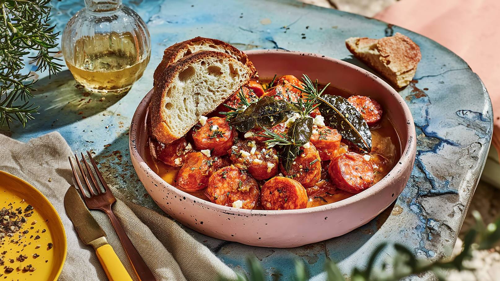Eine Schale mit saftigen, gerösteten Tomaten und Wurststücken, garniert mit Lorbeerblättern und frischen Kräutern. Neben der Schale liegen zwei Scheiben knuspriges Brot. Die Speise ist auf einem blauen Tisch serviert, umgeben von einem entspannten Ambiente.