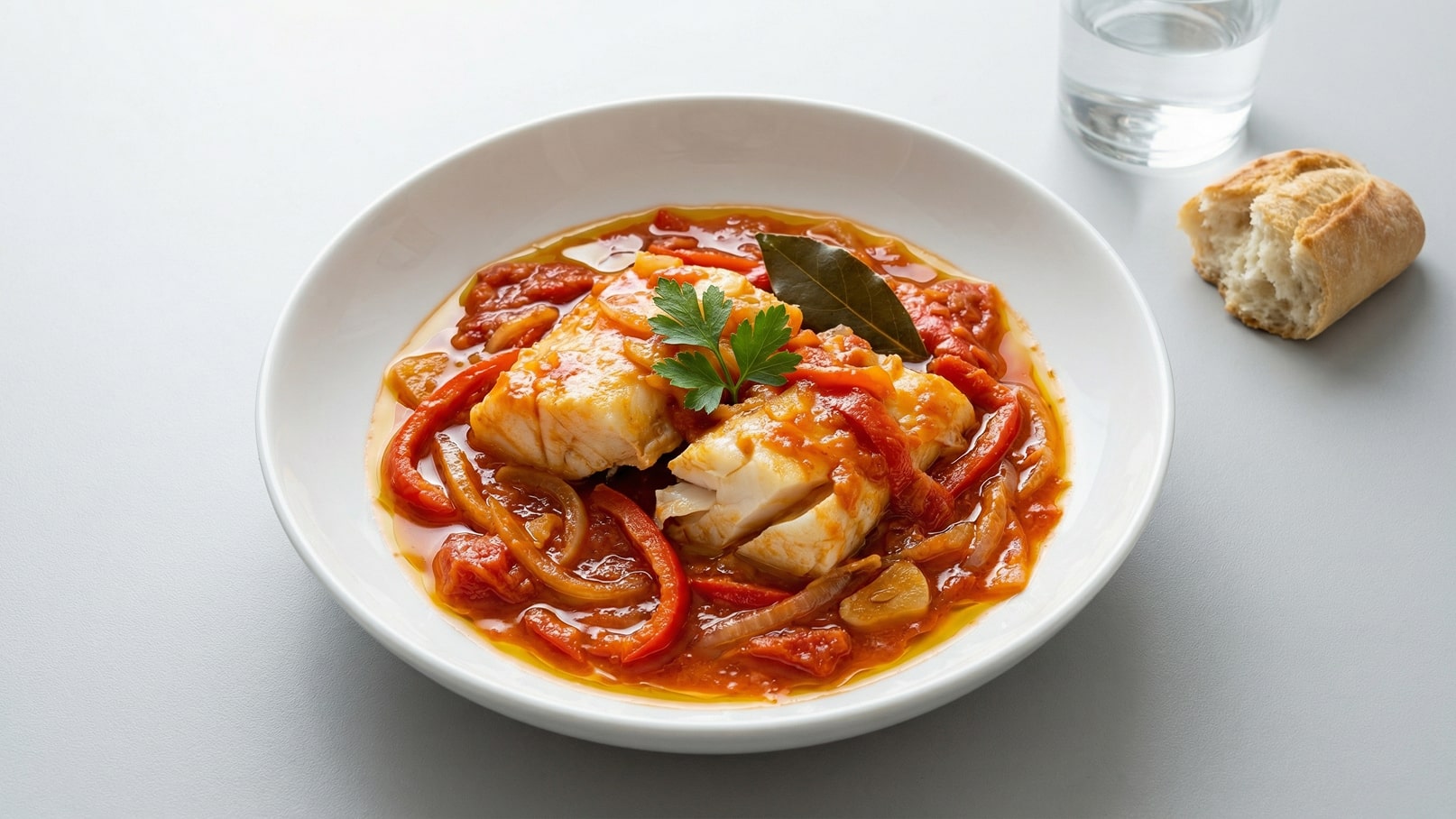 Ein Teller mit Fischfilets in einer Tomaten-Paprika-Sauce, garniert mit einem Blatt Lorbeer und frischer Petersilie. Neben dem Teller befindet sich ein Stück Brot und ein Glas Wasser.