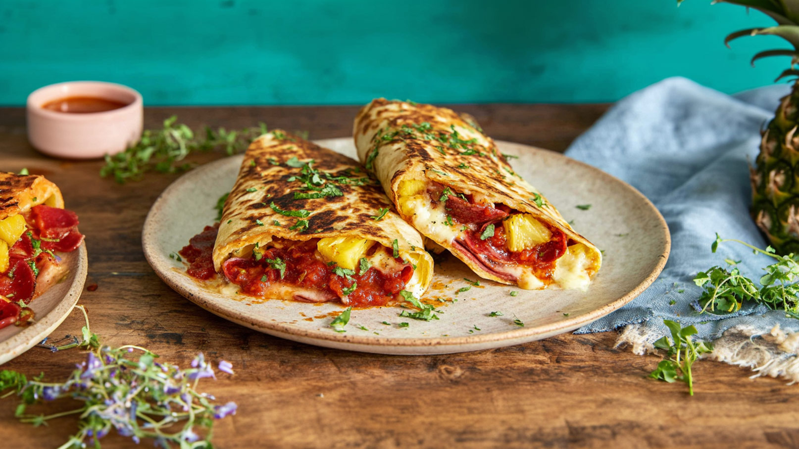 Auf einem Teller liegen zwei gefüllte Wraps mit einer goldbraunen Oberfläche, garniert mit frischen Kräutern. Die Füllung besteht aus Käse, Tomatensauce, Ananas und Wurst. Im Hintergrund ist eine kleine Schüssel mit Sauce und eine Ananas zu sehen.