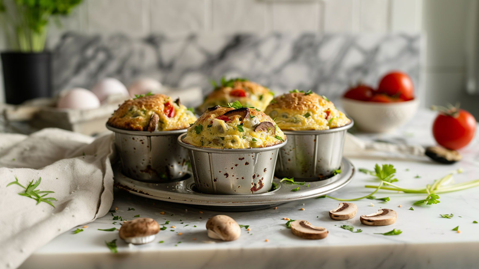 Vier frisch gebackene Mini-Quiches in silbernen Förmchen stehen auf einem gedeckten Tisch. Die Quiches sind mit Gemüse, darunter Paprika und Pilze, garniert. Um sie herum liegen frische Kräuter und einige geschnittene Pilze auf der Tischplatte. Im Hintergrund sind Eier und Tomaten sichtbar.