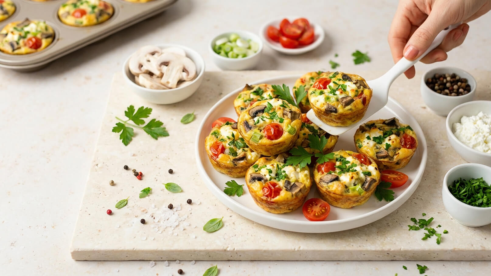 Ein Teller mit bunten Muffins aus Eiern, gefüllt mit Gemüse wie Pilzen und Kirschtomaten, ist sichtbar. Frische Kräuter und Gewürze liegen daneben. Eine Hand hebt einen Muffin mit einem Löffel. Die Präsentation vermittelt eine appetitliche und gesunde Mahlzeit.