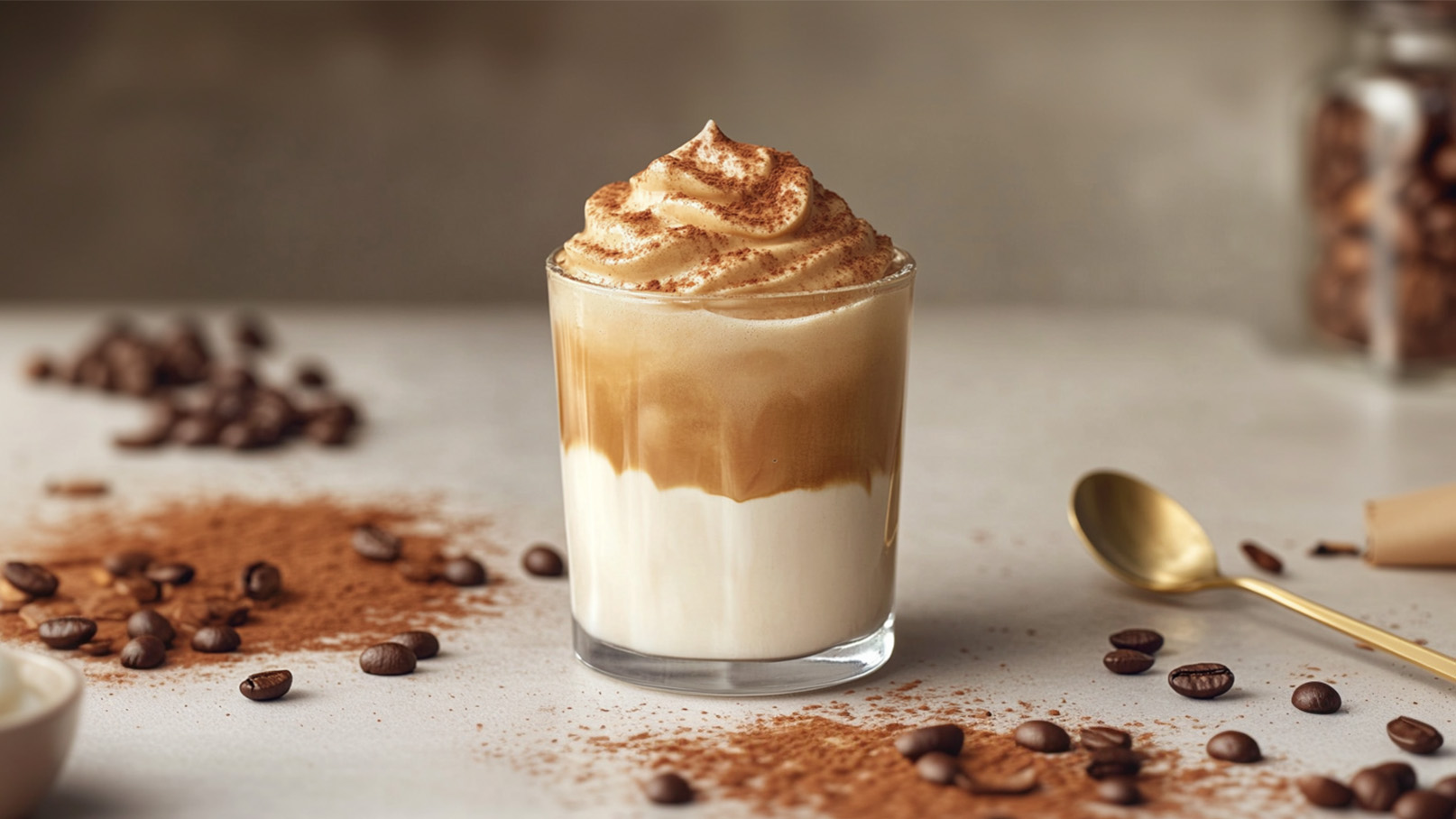 Ein Glas mit Schichten von Kaffee und cremigem Milchschaum, garniert mit Kakaopulver. Im Hintergrund sind Kaffeebohnen und Kakaopulver verteilt. Der Fokus liegt auf dem ansprechend geschichteten Getränk.