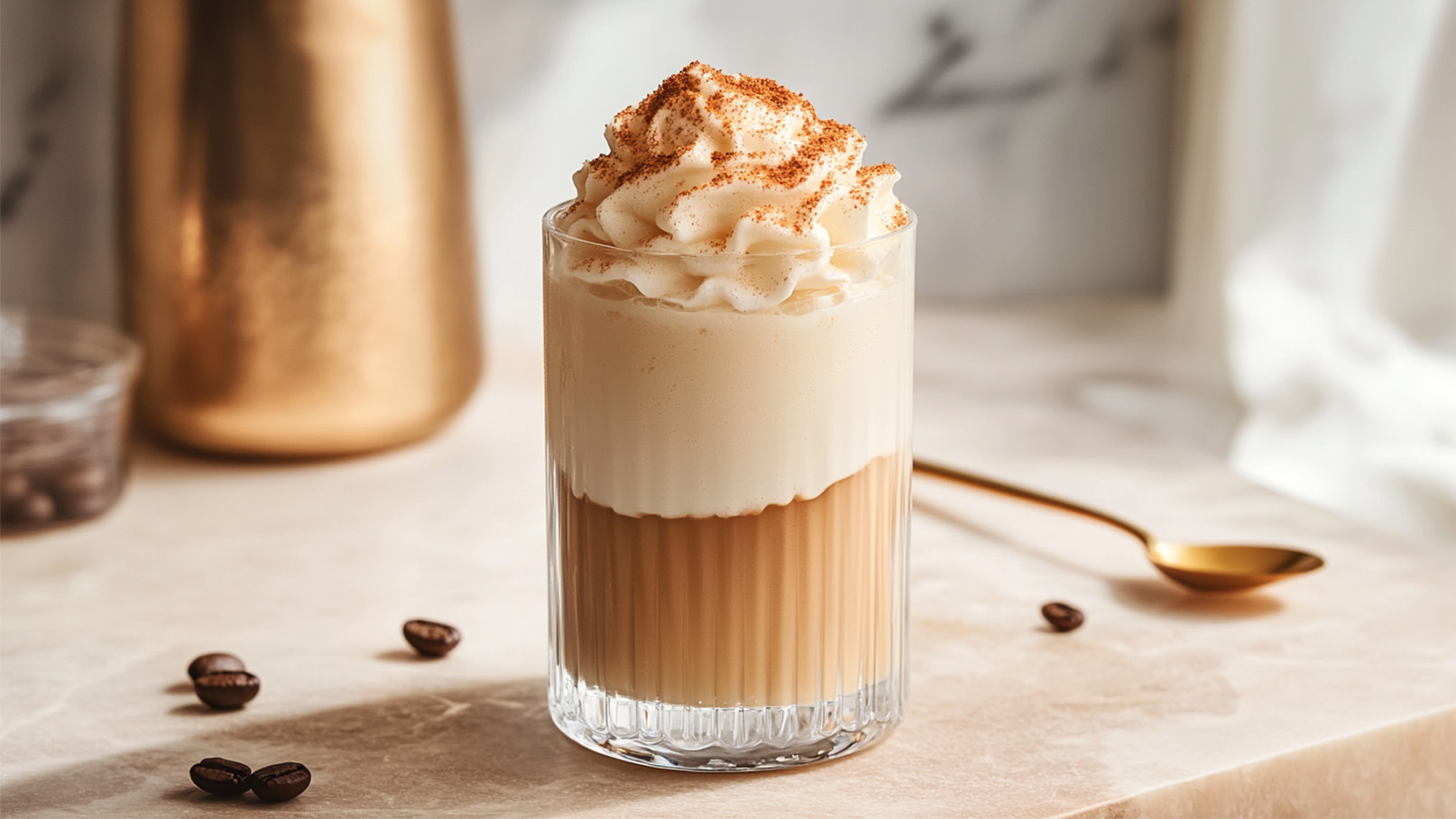 Ein Glas mit geschichtetem Kaffee, einer hellen Schicht Milch und Sahne auf der Oberseite, dekoriert mit Kakao-Pulver. Im Hintergrund sind Kaffeebohnen und ein goldener Löffel zu sehen. Die Szene vermittelt eine gemütliche Kaffeepause.