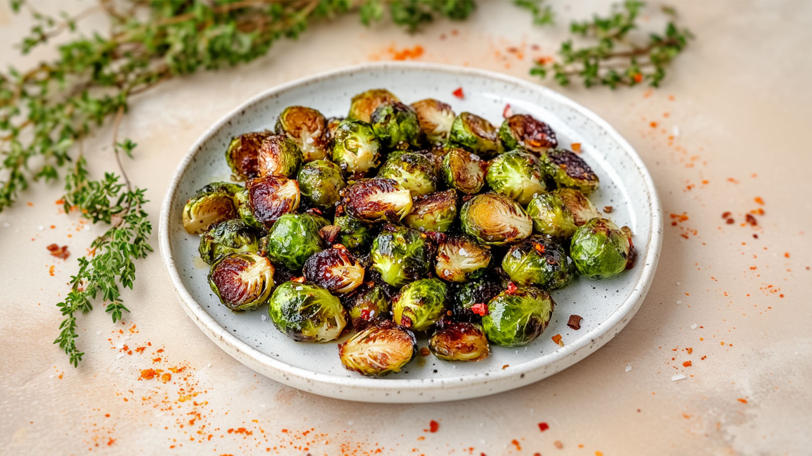 Ein tiefes, rundes Geschirr mit geröstetem Rosenkohl, der knusprig und goldbraun aussieht. Einige Stücke sind leicht verbrannt, was ihnen eine besondere Note verleiht. Im Hintergrund sind frische Kräuter und Gewürze sichtbar, die das Gericht ergänzen.