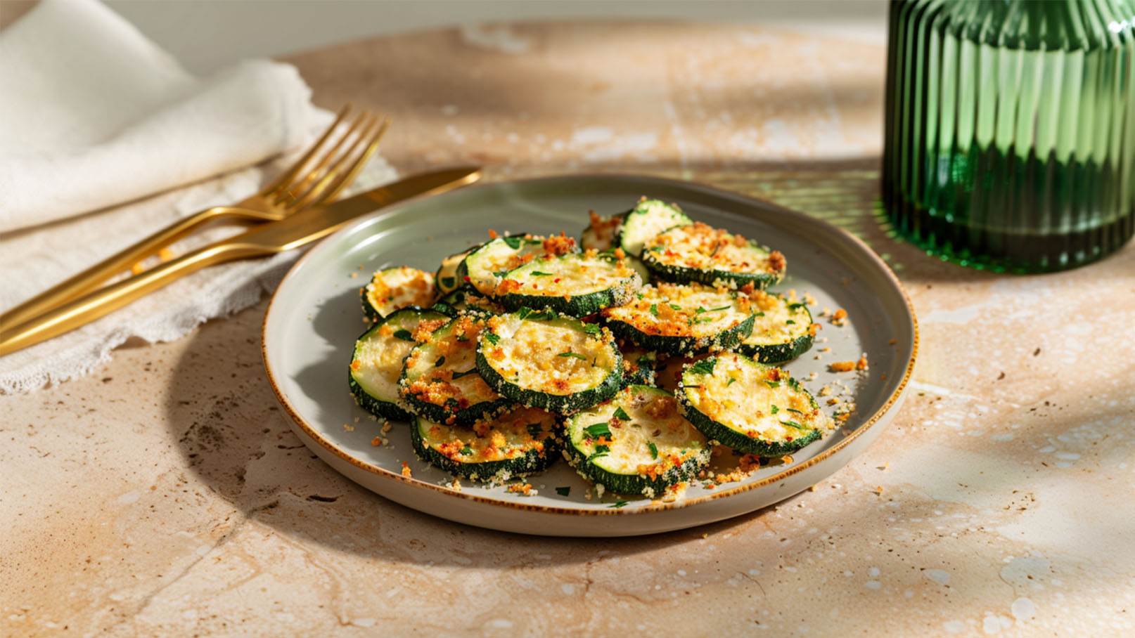 Auf einem Teller liegen gebratene Zucchini-Scheiben mit einer goldenen Panade. Die Zucchini sind knusprig und mit frischen Kräutern bestreut. Im Hintergrund ist eine grüne Glasflasche und Besteck sichtbar.