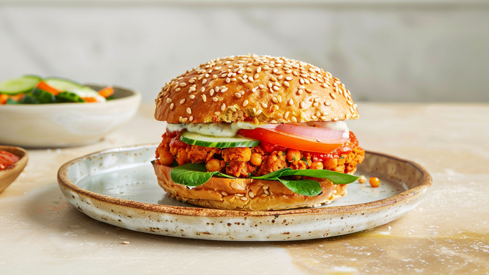 Ein frisch zubereiteter Hamburger mit einem Sesambrötchen, gefüllt mit gewürztem Gemüse, Spinat, Tomaten, Gurken und einer cremigen Sauce. Der Burger ist auf einem grauen Teller angerichtet, im Hintergrund ist eine Schüssel mit Salat sichtbar.