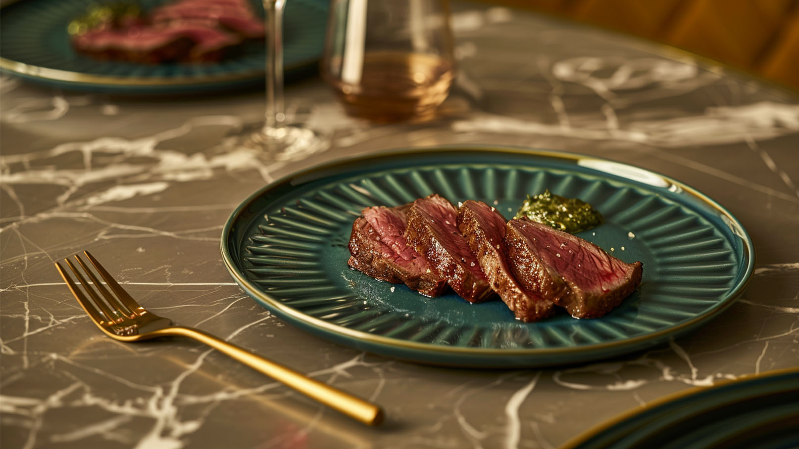 Ein dunkelgrüner Teller mit mehreren Scheiben zartem, saftigem Fleisch ist angerichtet. Daneben befindet sich ein Klecks grüner Sauce. Im Hintergrund sind ein goldener Besteck und ein Glas sichtbar. Der Tisch hat eine marmorierte Oberfläche.