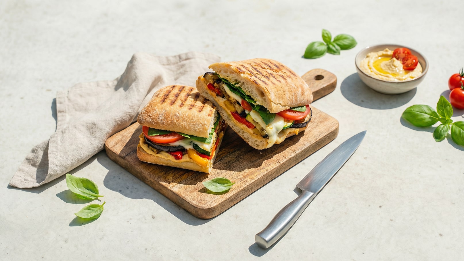 Ein rustikales Ciabatta-Brot ist halbiert und gefüllt mit gegrilltem Gemüse, frischen Tomaten und Spinat. Es liegt auf einem Holzbrett, umgeben von Basilikumblättern und einer Schüssel Hummus. Ein Messer steht bereit, um das Sandwich zu schneiden.