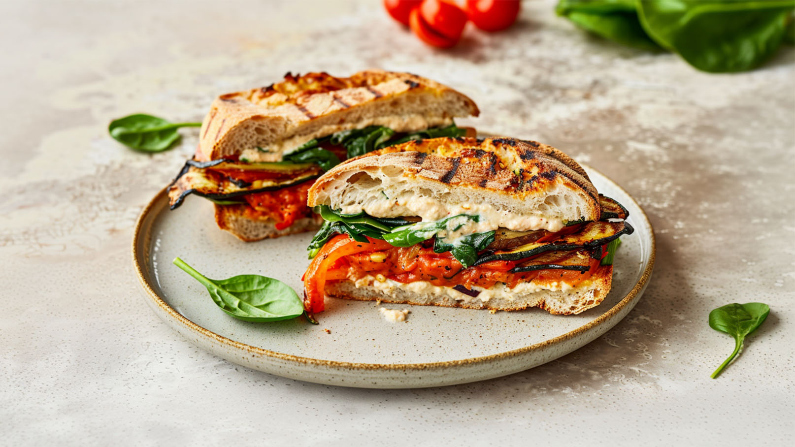 Ein auf einem Teller angerichtetes Sandwich, das aus geröstetem Brot mit einer Füllung aus Spinat, Tomaten und gegrilltem Gemüse besteht. Das Sandwich ist in zwei Hälften geschnitten, wodurch die bunten Zutaten sichtbar werden.
