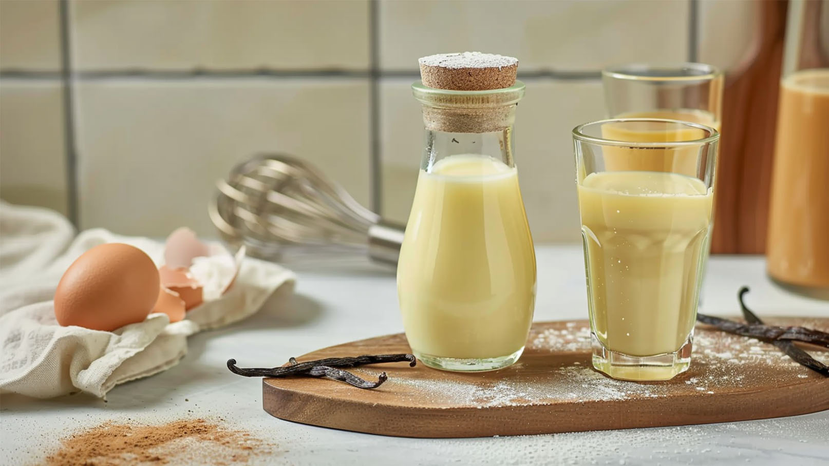 Ein Glas und eine Flasche mit einer cremigen, gelben Flüssigkeit stehen auf einem Holzbrett. Daneben liegt ein frisches Ei und einige Eierschalen. Auf dem Brett sind auch Vanilleschoten und etwas Puderzucker sichtbar.