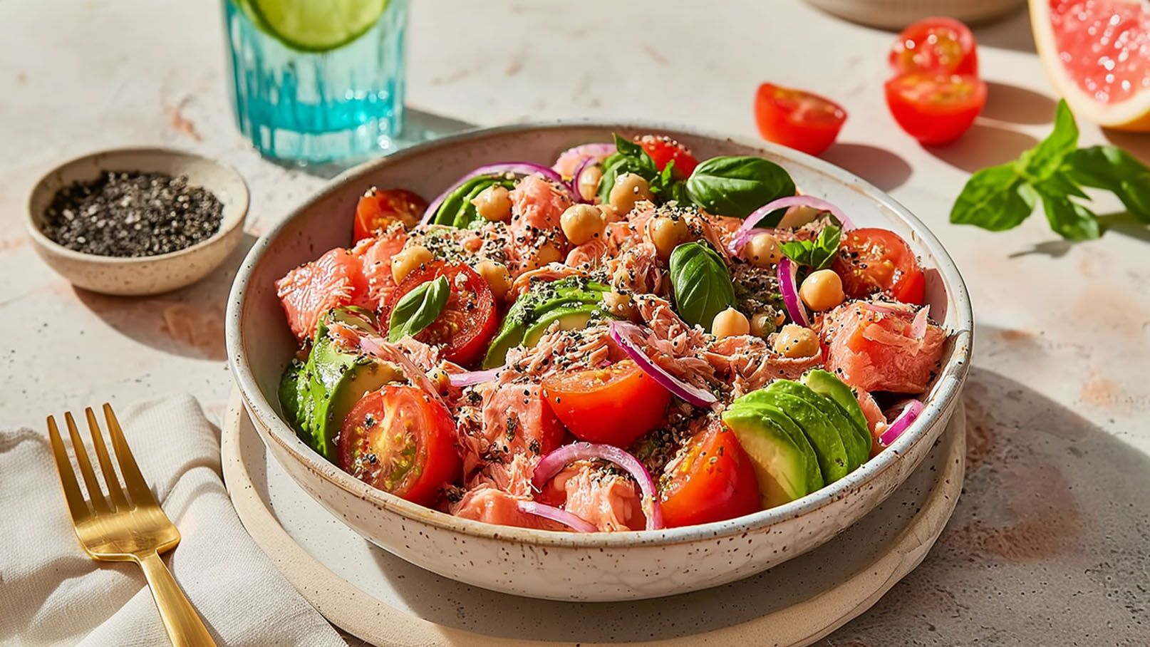 Eine bunte Salatschüssel gefüllt mit Tomaten, Avocado, roten Zwiebeln, Kichererbsen und frischem Basilikum. Der Salat ist mit Gewürzen garniert und sieht frisch und appetitlich aus. Im Hintergrund steht ein Glas Wasser mit einer Limettenscheibe.