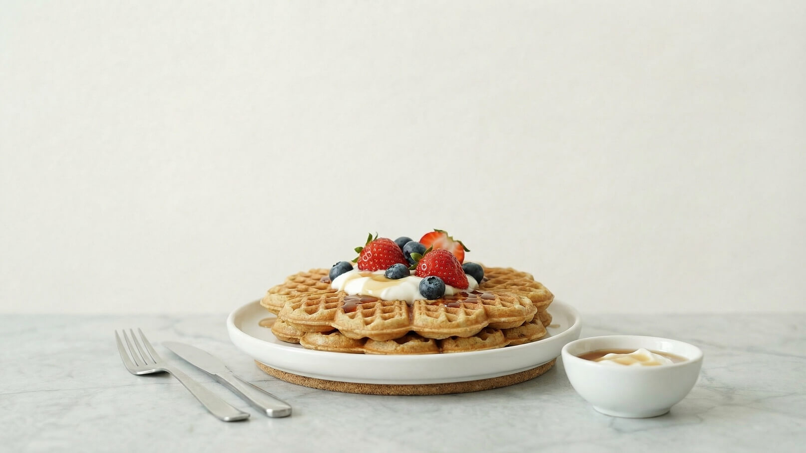 Ein Teller mit goldbraunen Waffeln, die mit frischen Erdbeeren und Heidelbeeren sowie einem Klecks Sahne garniert sind. Neben dem Teller befindet sich eine kleine Schüssel mit einer dunklen Flüssigkeit, möglicherweise Sirup. Der Hintergrund ist neutral und hell.