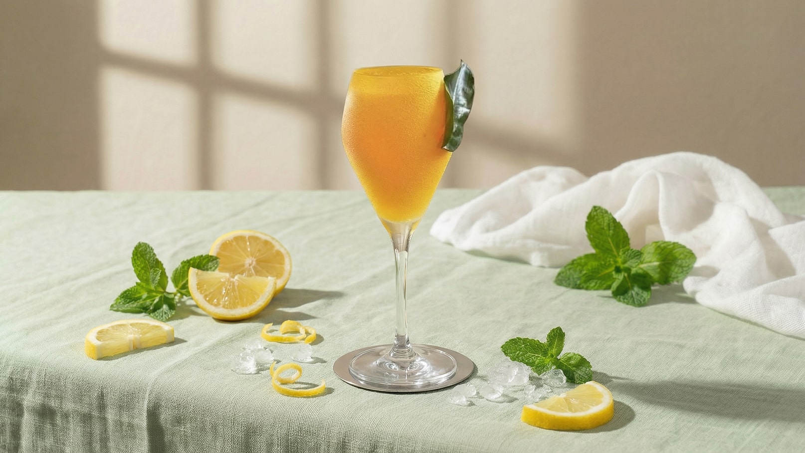 Ein Glas mit einem orangefarbenen Getränk steht auf einem hellgrünen Tisch. Um das Glas sind frische Minzblätter, Zitronenscheiben und einige Eiswürfel verteilt. Im Hintergrund ist ein heller, neutraler Raum sichtbar.