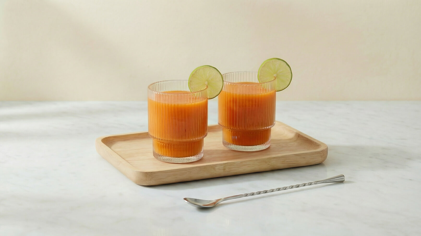 Zwei Glasbehälter mit orangefarbenem Getränk stehen auf einem Holztablett. Jeweils eine Limettenscheibe dekoriert die Gläser. Ein Löffel liegt neben dem Tablett auf einer marmorierten Oberfläche.